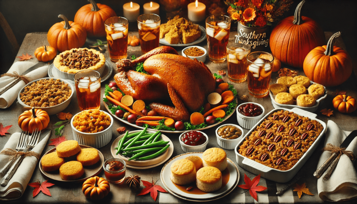 A Festive Southern Thanksgiving Table Spread Filled With Classic Dishes Roast Turkey With Mini Carrots And Baby Potatos