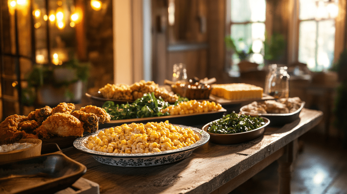 A rustic Southern sideboard setup with iconic dishes like a platter of fried chicken legs, collard greens, cornbread, creamy mac and cheese, and a tray of grilled corn