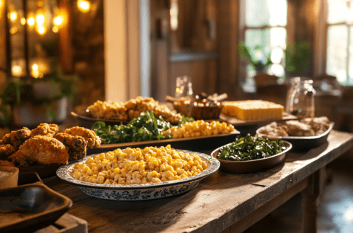 A rustic Southern sideboard setup with iconic dishes like a platter of fried chicken legs, collard greens, cornbread, creamy mac and cheese, and a tray of grilled corn