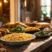 A rustic Southern sideboard setup with iconic dishes like a platter of fried chicken legs, collard greens, cornbread, creamy mac and cheese, and a tray of grilled corn