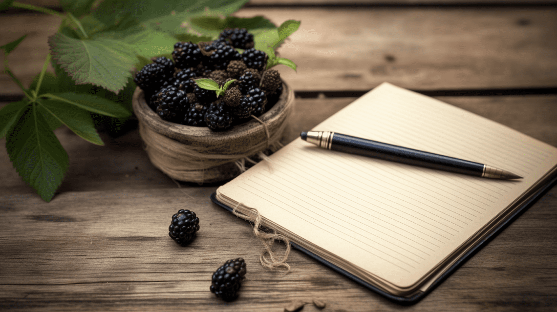 A Cozy Close-up Of A Vintage Notebook Or Recipe Card With A Bowl Of Blackberries Nearby