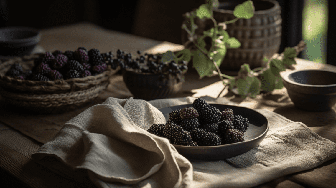 A Rustic Welcoming Table Setting With Blackberries And A Small Basket Only