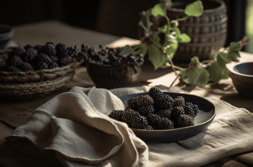A Rustic Welcoming Table Setting With Blackberries And A Small Basket Only