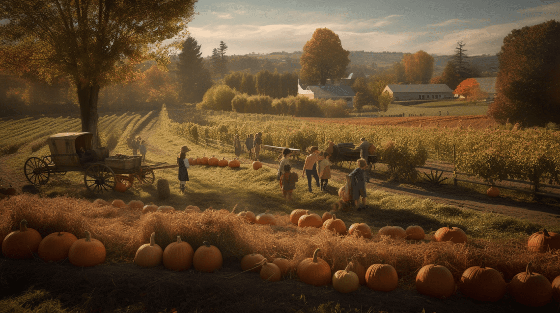 A Scenic Pumpkin Patch In Warm Autumn Light With Row After Row of Pumpkins