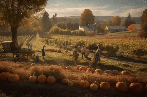 A Scenic Pumpkin Patch In Warm Autumn Light With Row After Row of Pumpkins
