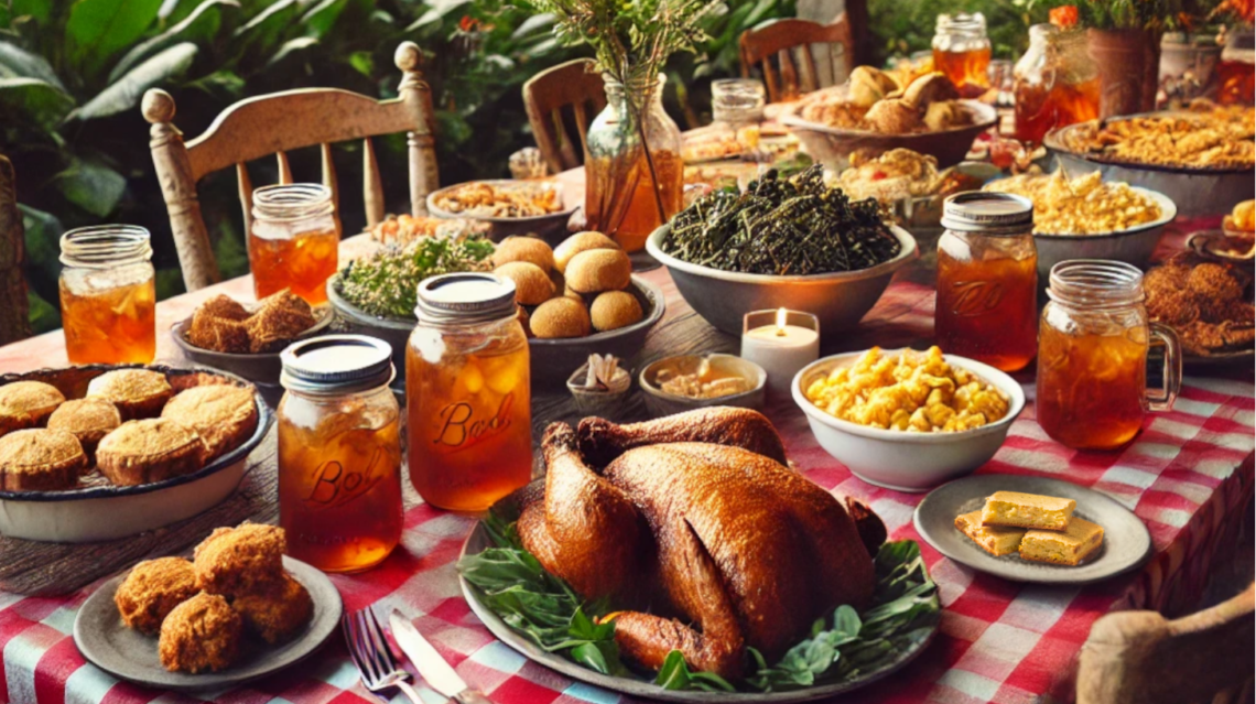 An Outdoor Pot Luck Dinner in the South on a Rustic Wooden Table Covered with a Classic Red Checkered Tablecloth - Table Closeup - Turkey and Cornbread